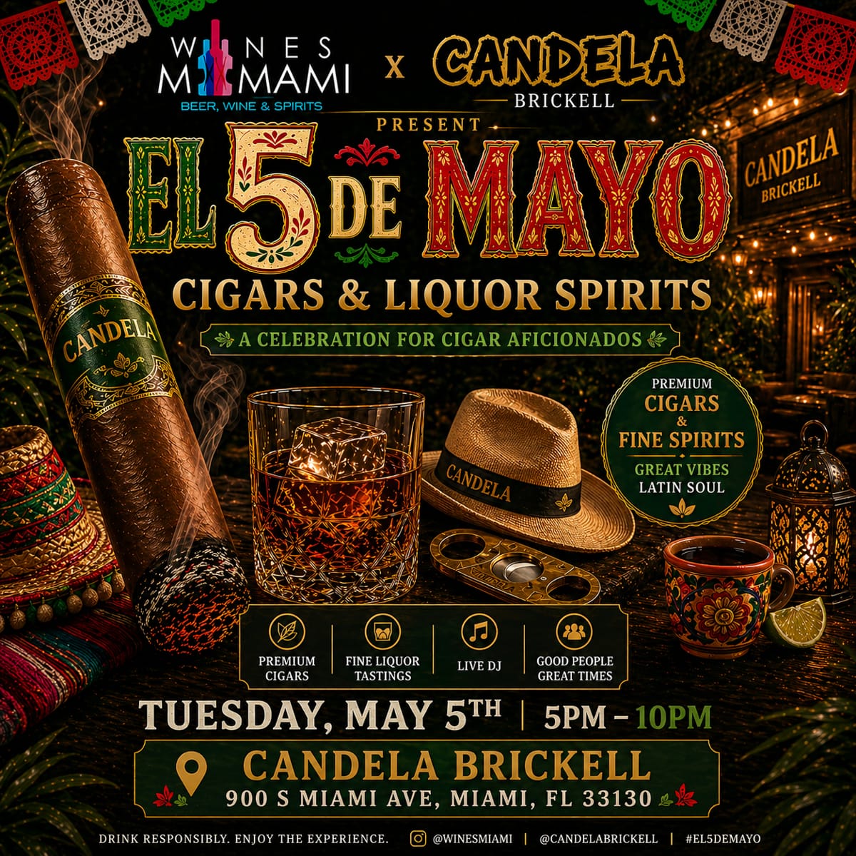 Cigars Miami event flyer — El 5 de Mayo at Candela Brickell