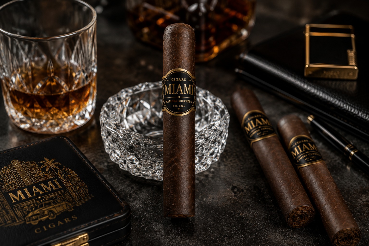 Cigars Miami — Ramses Curvelo cigars with whiskey and leather case